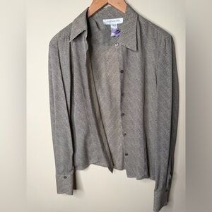 Vintage Jones New York 100% Silk Brown Patterned Button Up Long Sleeve Summer